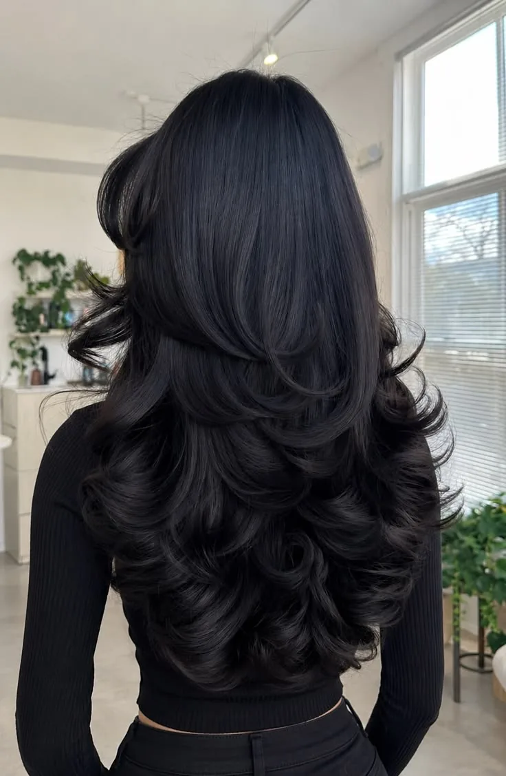 Referência externa de cabelo preto longo, em camadas e com pontas onduladas, visto de costas.
