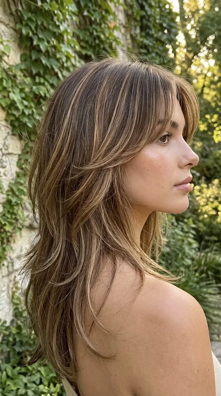 Referência externa de cabelo castanho com mechas claras e corte em camadas, visto de perfil.