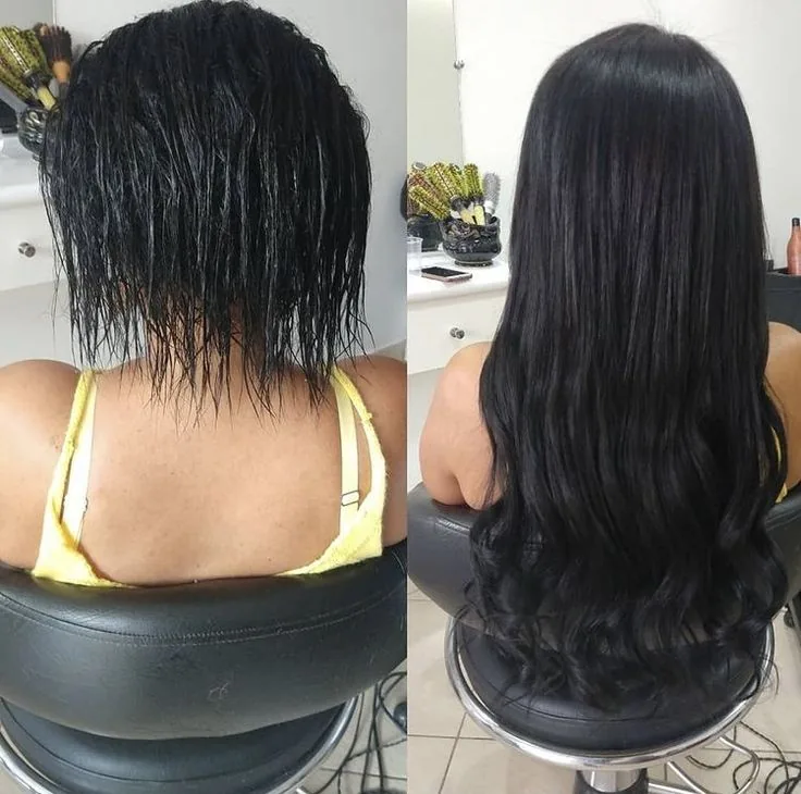 Referência externa de antes e depois de alongamento: cabelo preto curto à esquerda e longo à direita.